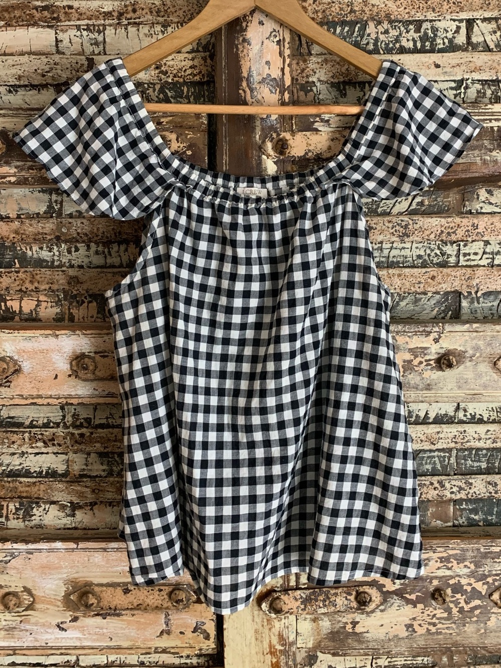J.Crew Black White Gingham Off-the-Shoulder Flutter Sleeve Top, Checkered, S